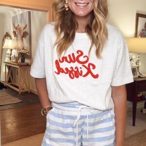 Never worn. LOFT White Tee with embroidered Red Print